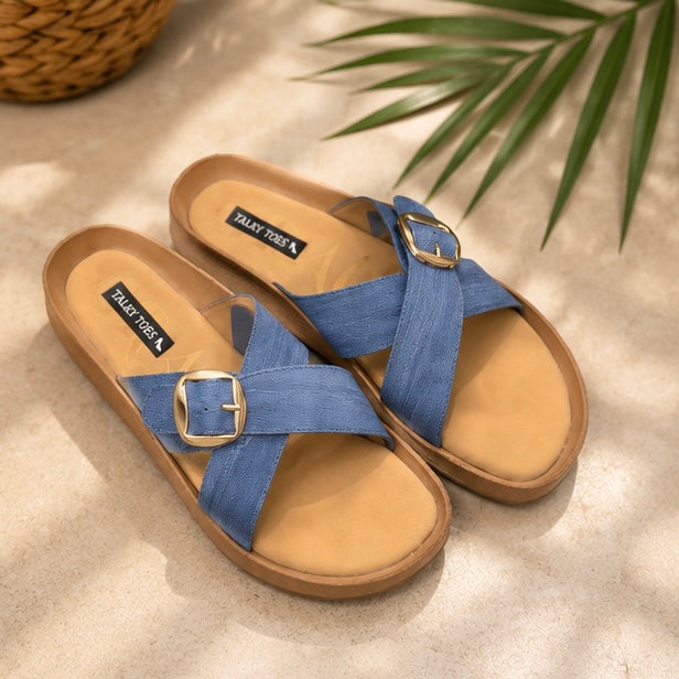 Denim cross comfy flats