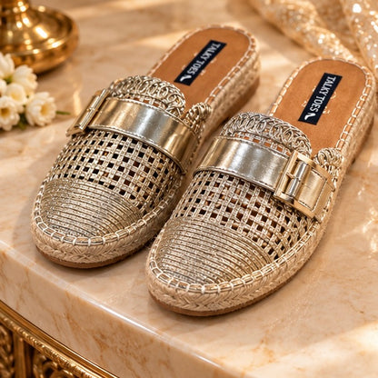 Metallic Gold Woven Espadrille Mules