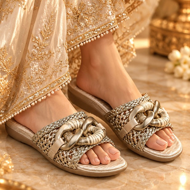 Champagne Chain Embellished Wedges