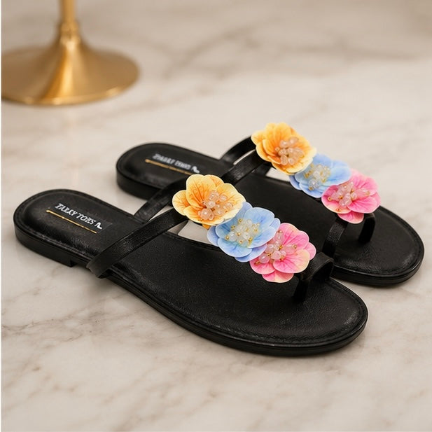 Floral Embellished Toe-Ring Flats