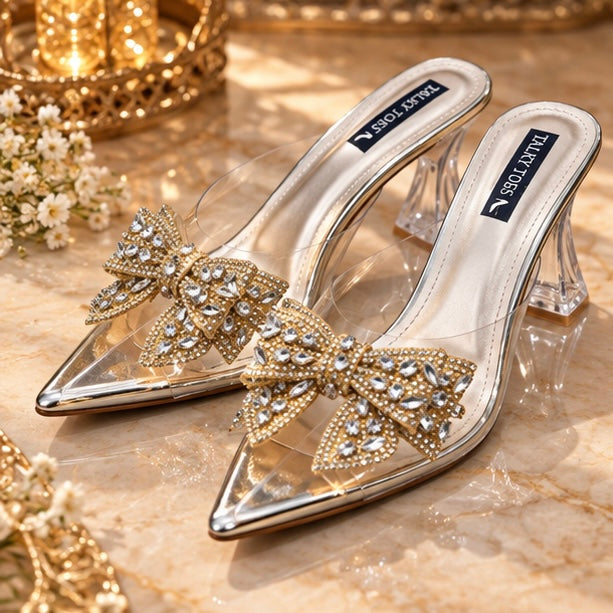 Crystal Bow Pointed-Toe Heels