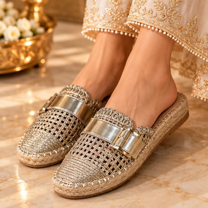 Metallic Gold Woven Espadrille Mules