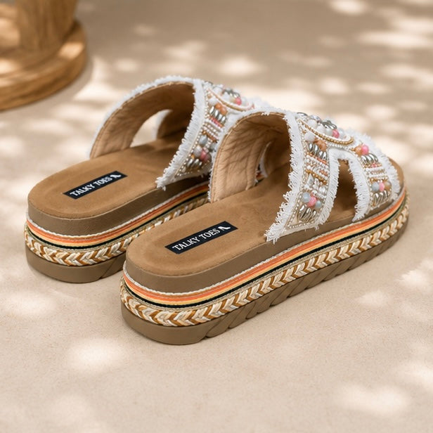 White denim comfy wedges