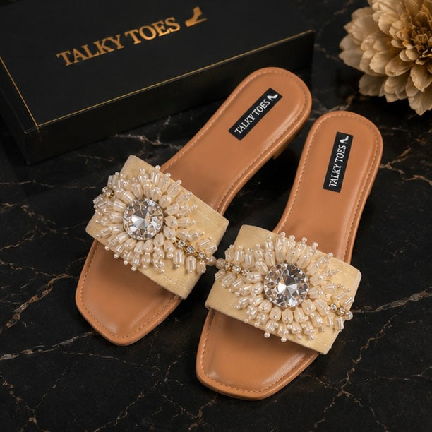 Pearl & Crystal Embellished Flats – Ivory