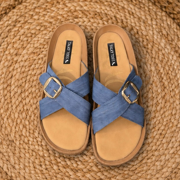 Denim cross comfy flats