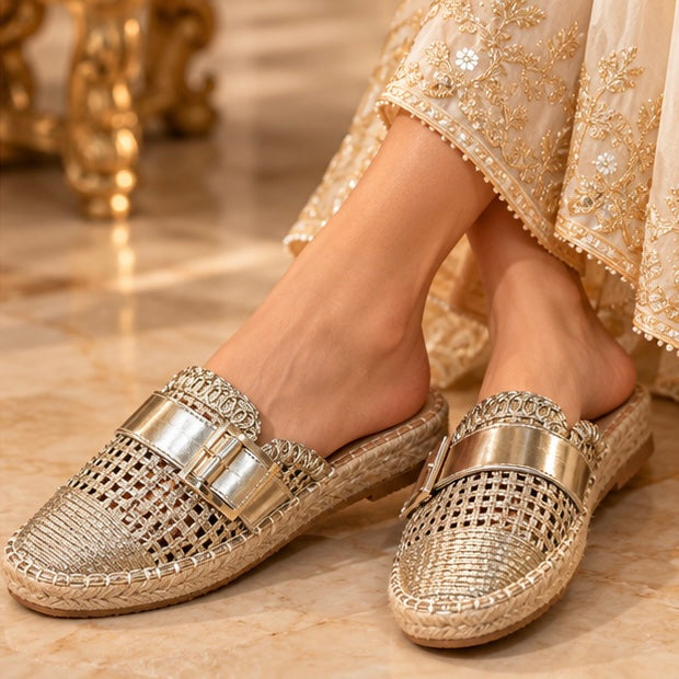 Metallic Gold Woven Espadrille Mules