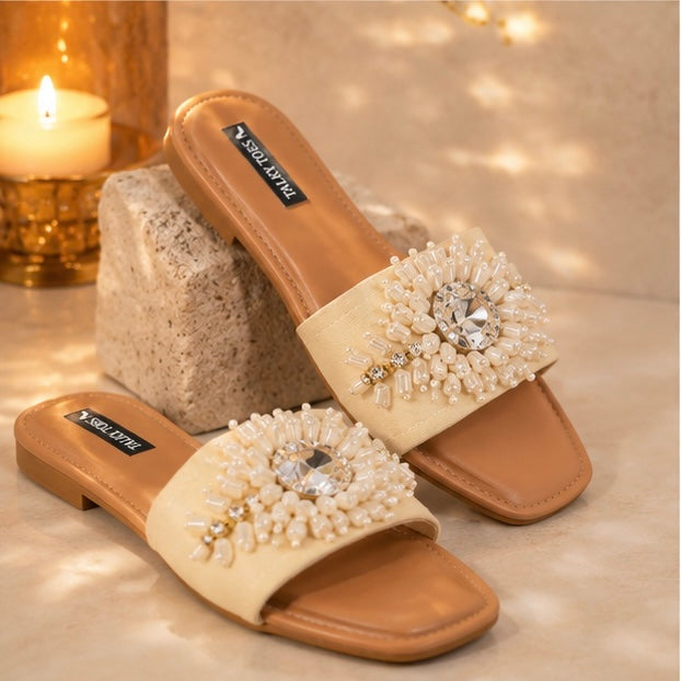 Pearl & Crystal Embellished Flats – Ivory