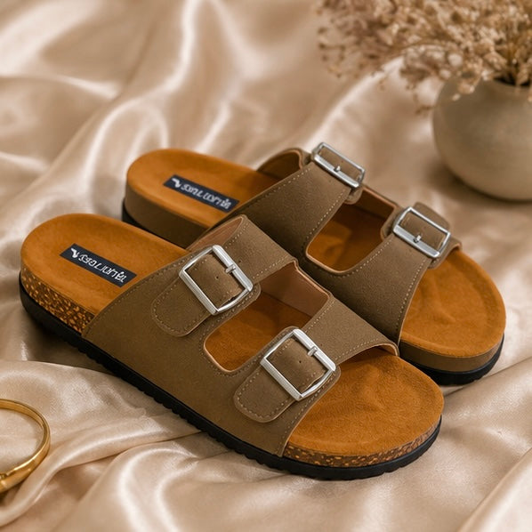Comfort double strap slides flats