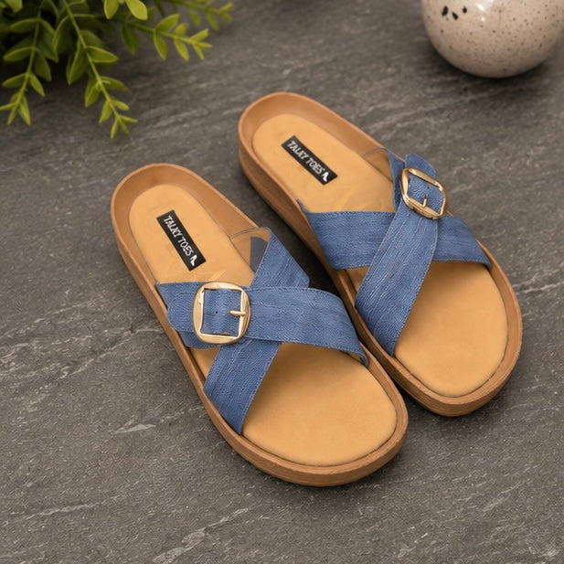 Denim cross comfy flats