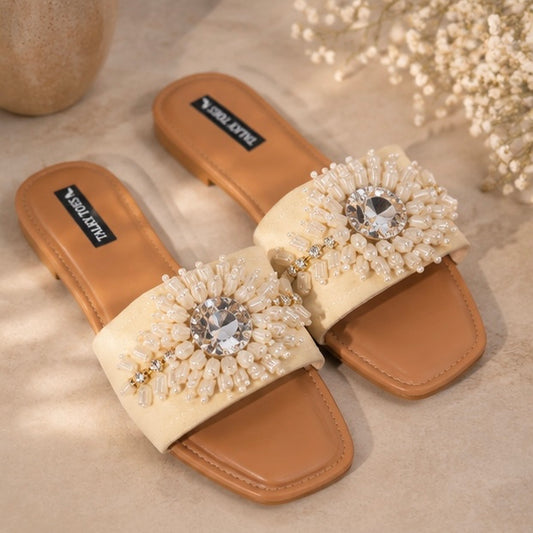 Pearl & Crystal Embellished Flats – Ivory