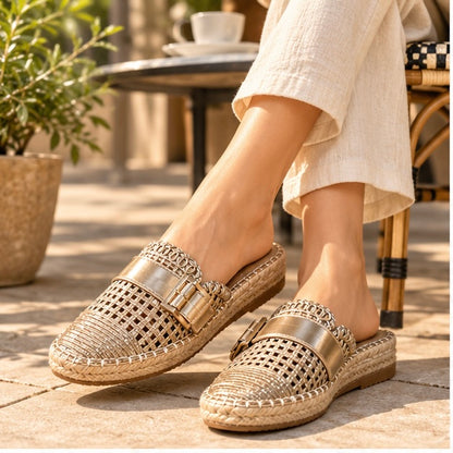 Metallic Gold Woven Espadrille Mules