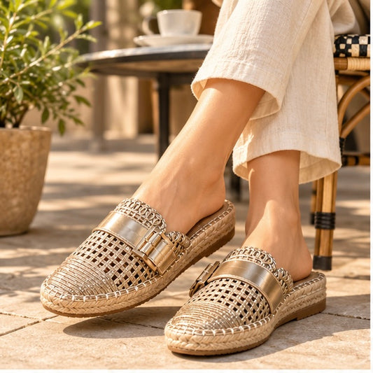 Metallic Gold Woven Espadrille Mules