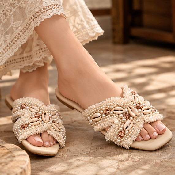 Pearl & Shell Boho Embellished Flats
