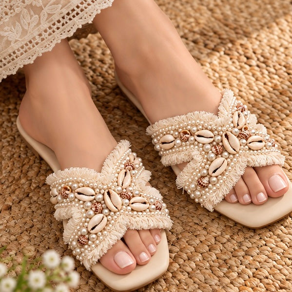 Pearl & Shell Boho Embellished Flats