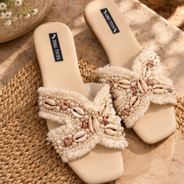 Pearl & Shell Boho Embellished Flats
