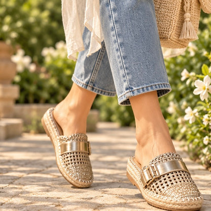Metallic Gold Woven Espadrille Mules