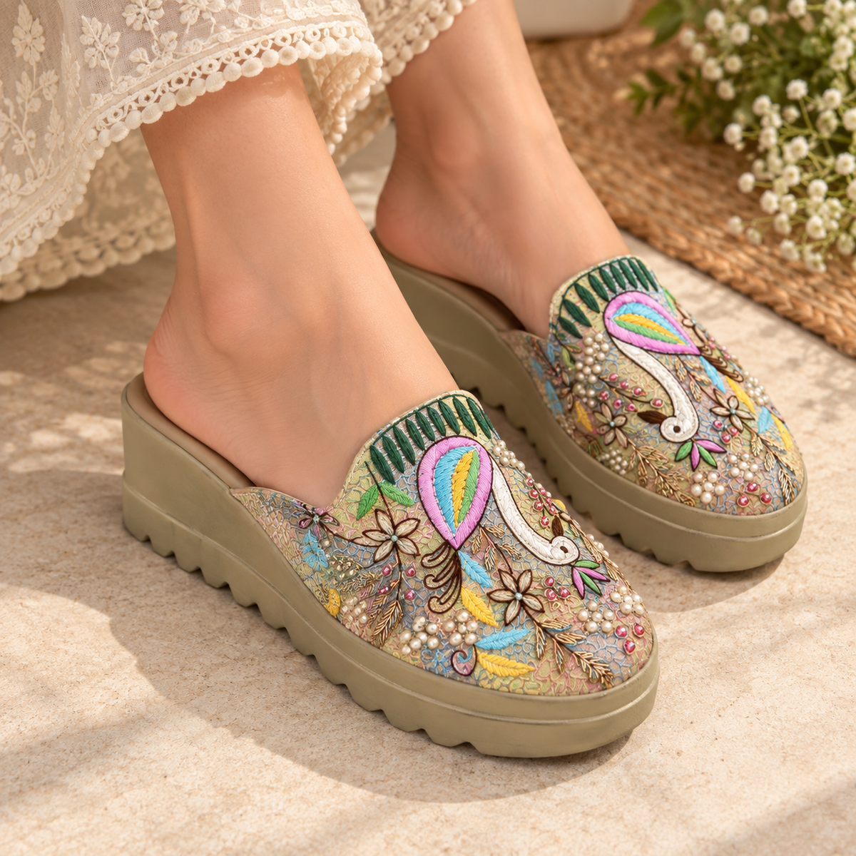 Flamingo Handwork Mules — Signature